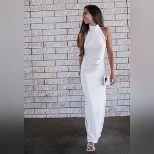 Gentle Herd white Halterneck Cutout Long Silk Dress With Slip Underneath